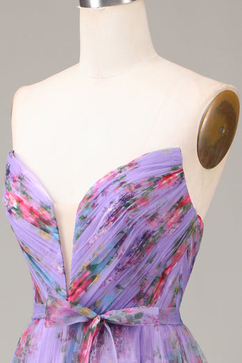 A-line Strapless Floral Printed Long Prom Dress with Slit