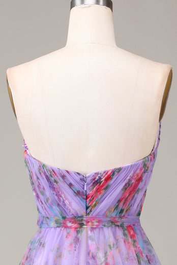 A-line Strapless Floral Printed Long Prom Dress with Slit