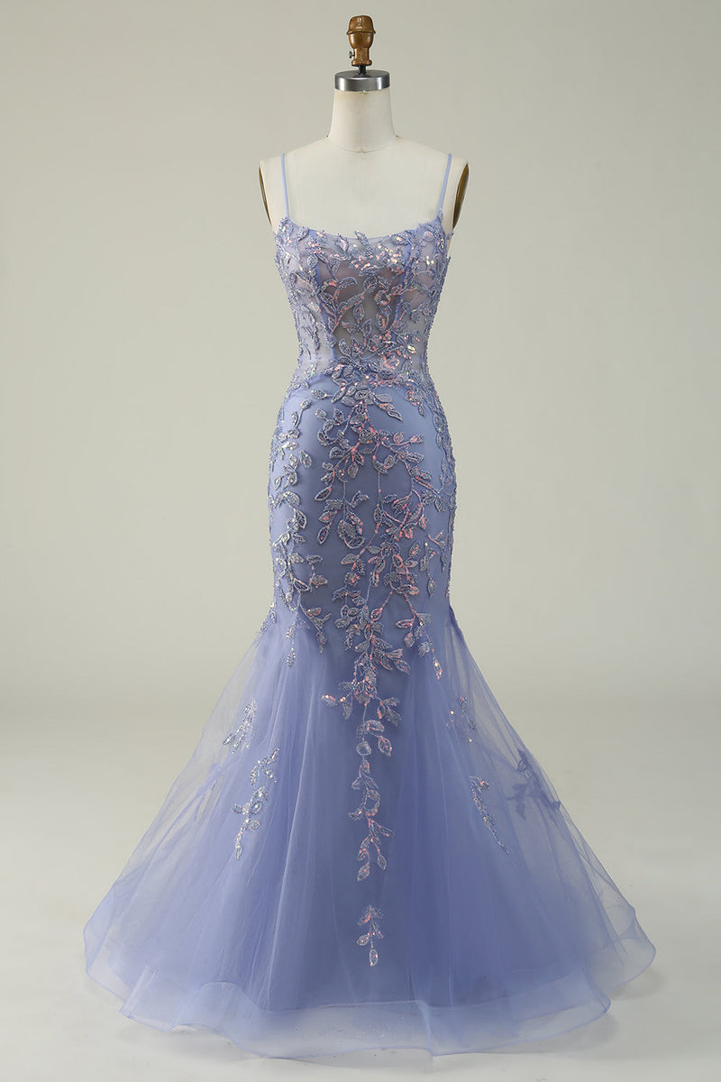 Load image into Gallery viewer, Sparkly Mermaid Purple Long Prom Dress with Appliques