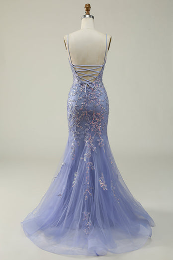 Sparkly Mermaid Purple Long Prom Dress with Appliques