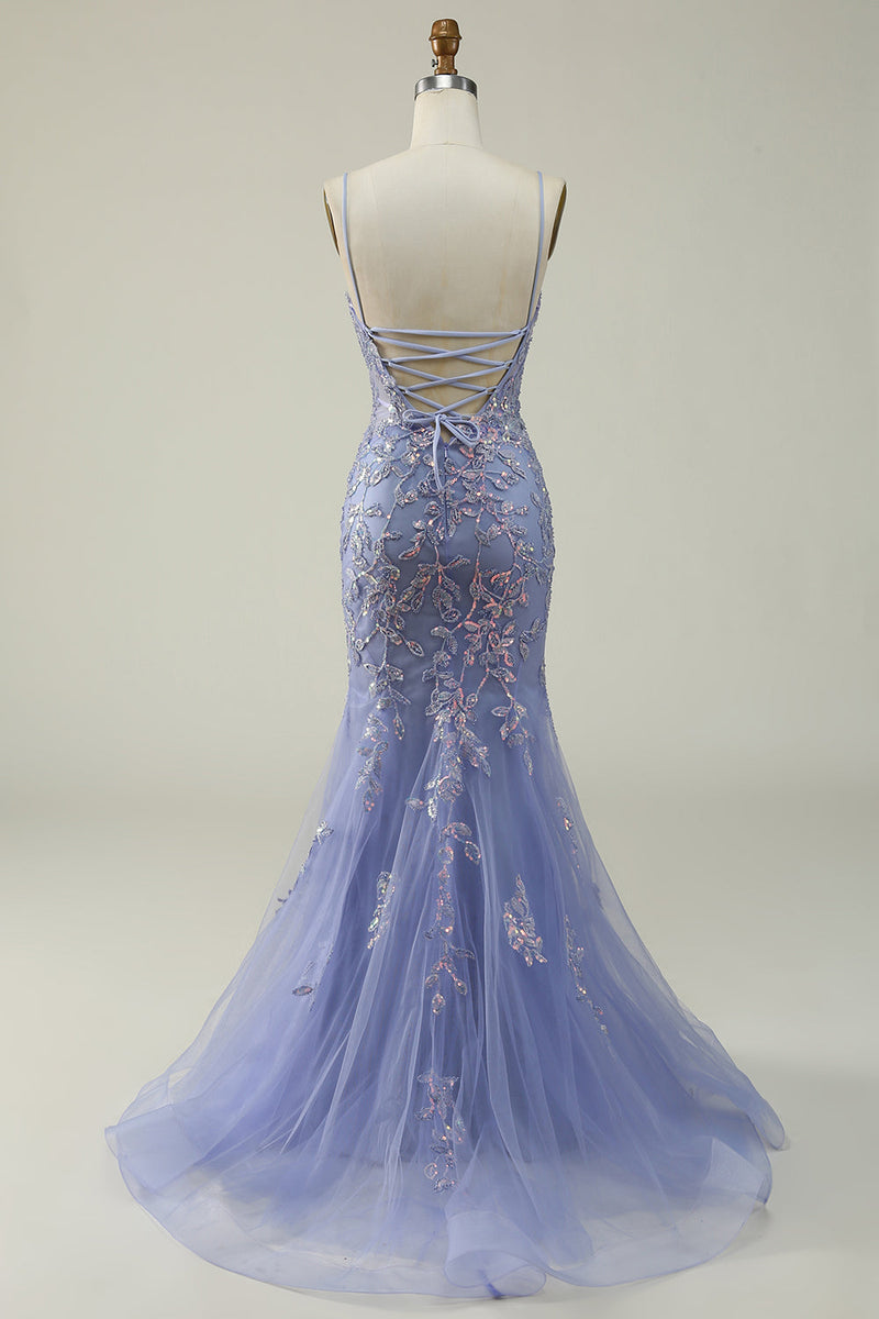 Load image into Gallery viewer, Sparkly Mermaid Purple Long Prom Dress with Appliques