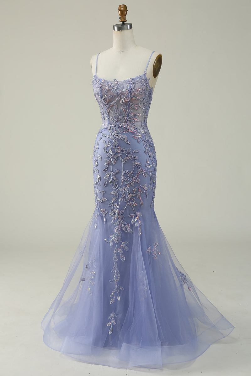 Load image into Gallery viewer, Mermaid Sparkly Purple Long Prom Dress with Appliques