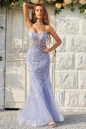 Sparkly Mermaid Purple Long Prom Dress with Appliques