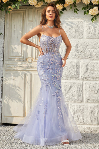 Sparkly Mermaid Purple Long Prom Dress with Appliques