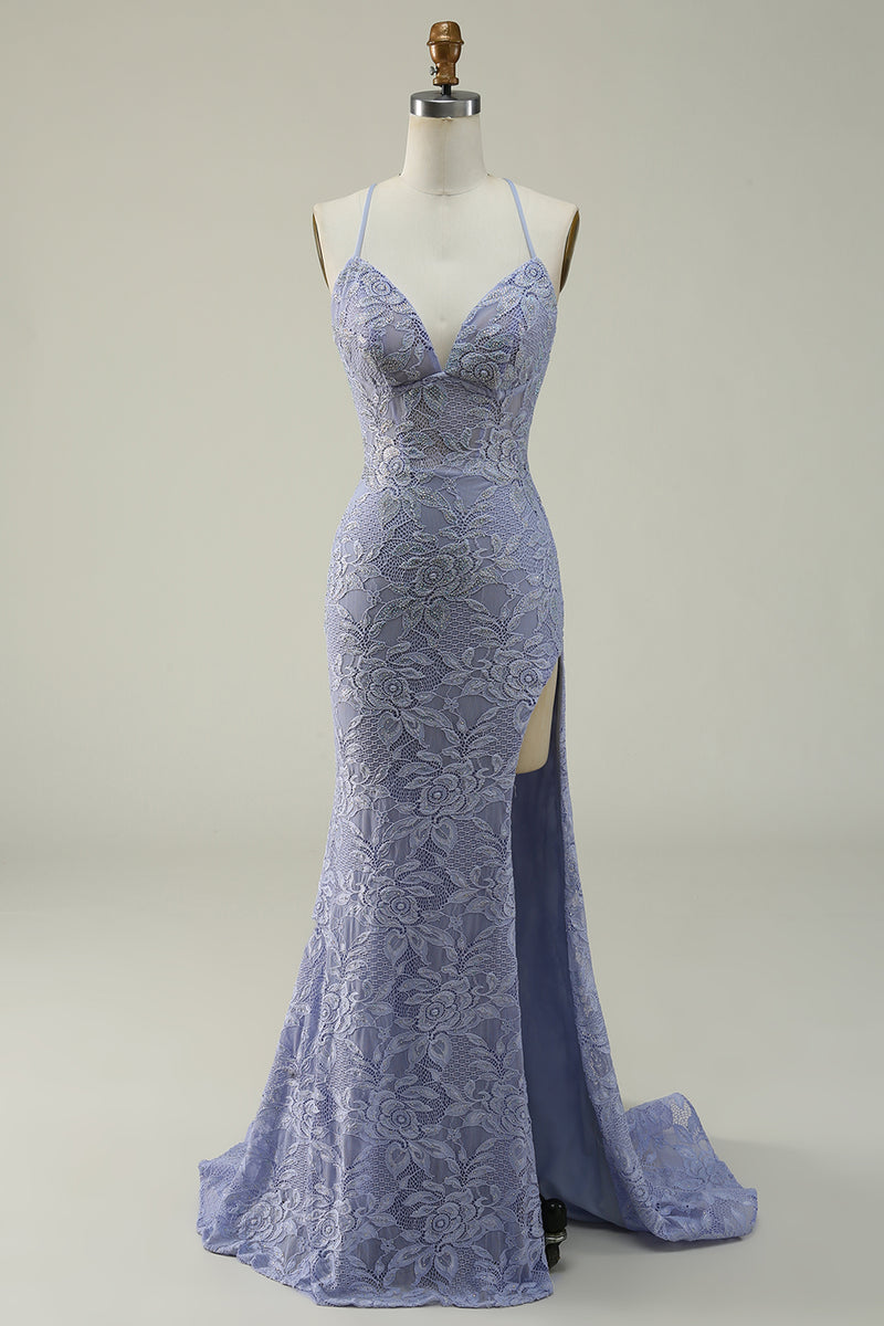 Load image into Gallery viewer, Halter Lace Purple Long Prom Dress with Slit