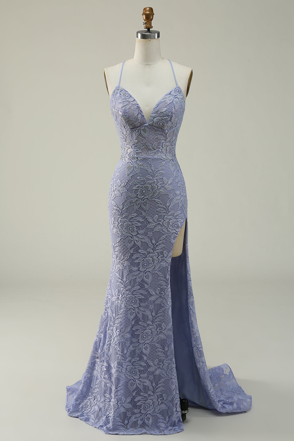 Halter Lace Purple Long Prom Dress with Slit