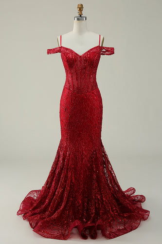 Mermaid Cold Shoulder Sequins Burgundy Long Prom Dress
