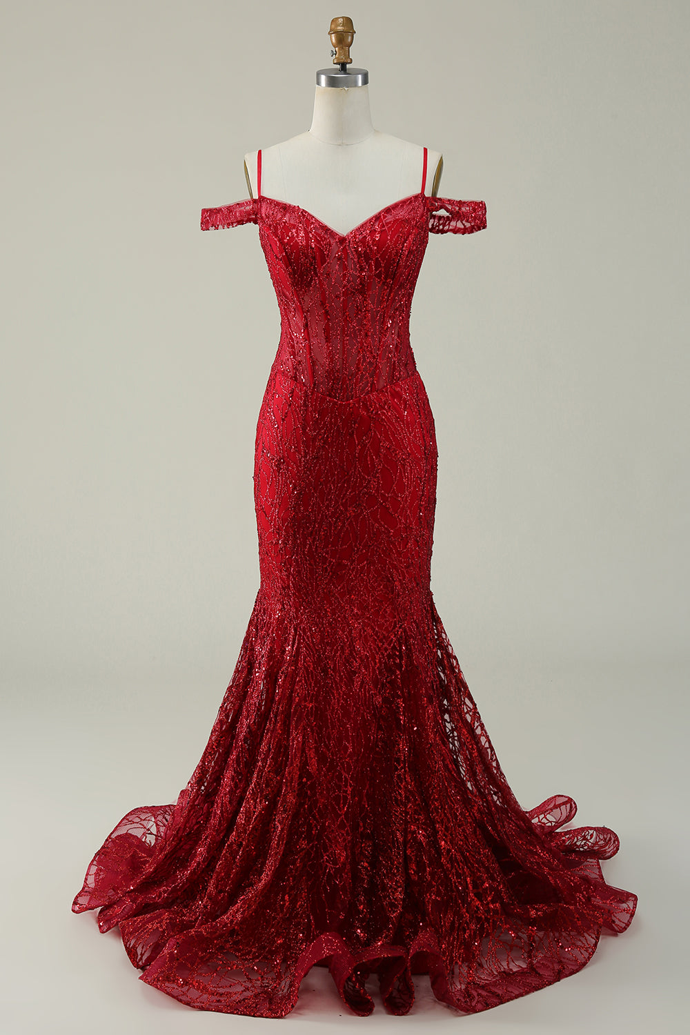 Mermaid Cold Shoulder Sequins Burgundy Long Prom Dress