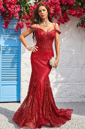 Cold Shoulder Mermaid Sequins Burgundy Long Prom Dress