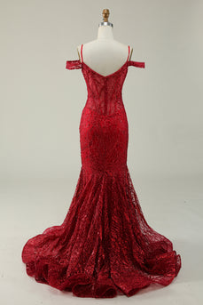 Mermaid Cold Shoulder Sequins Burgundy Long Prom Dress