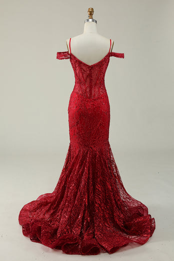 Mermaid Cold Shoulder Sequins Burgundy Long Prom Dress