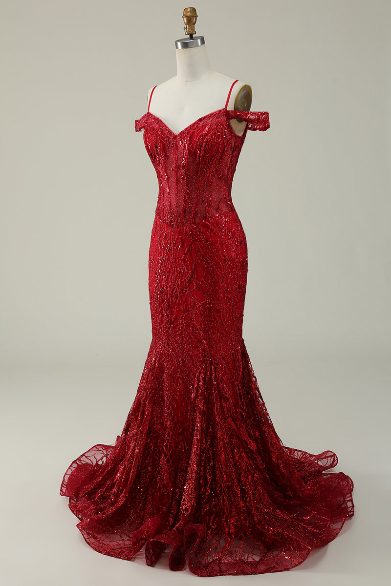 Load image into Gallery viewer, Mermaid Cold Shoulder Sequins Burgundy Long Prom Dress
