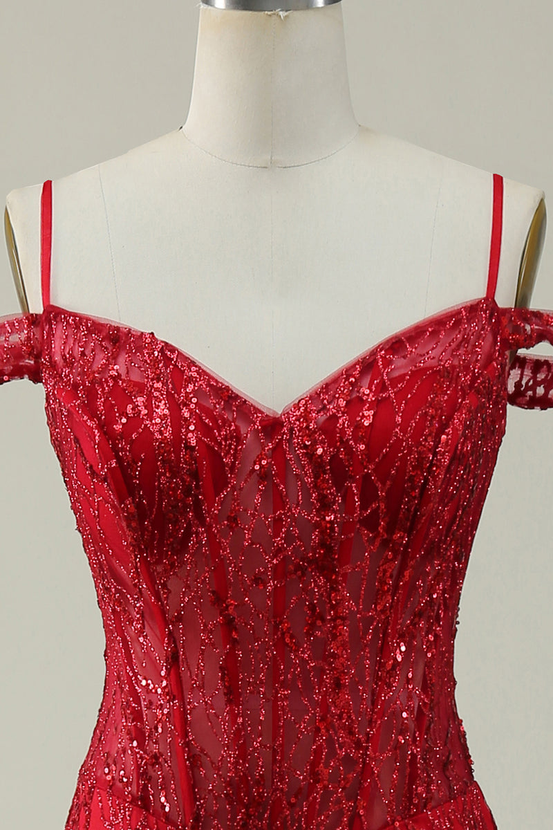 Load image into Gallery viewer, Mermaid Cold Shoulder Sequins Burgundy Long Prom Dress