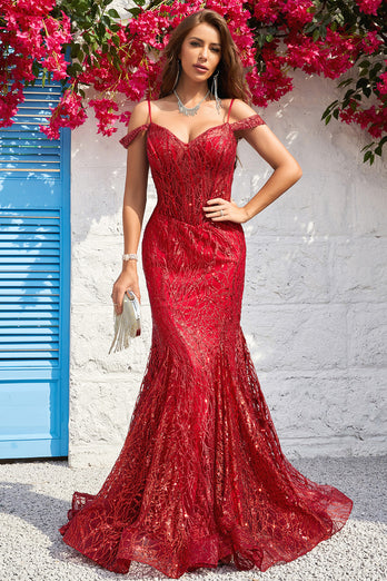 Cold Shoulder Mermaid Sequins Burgundy Long Prom Dress
