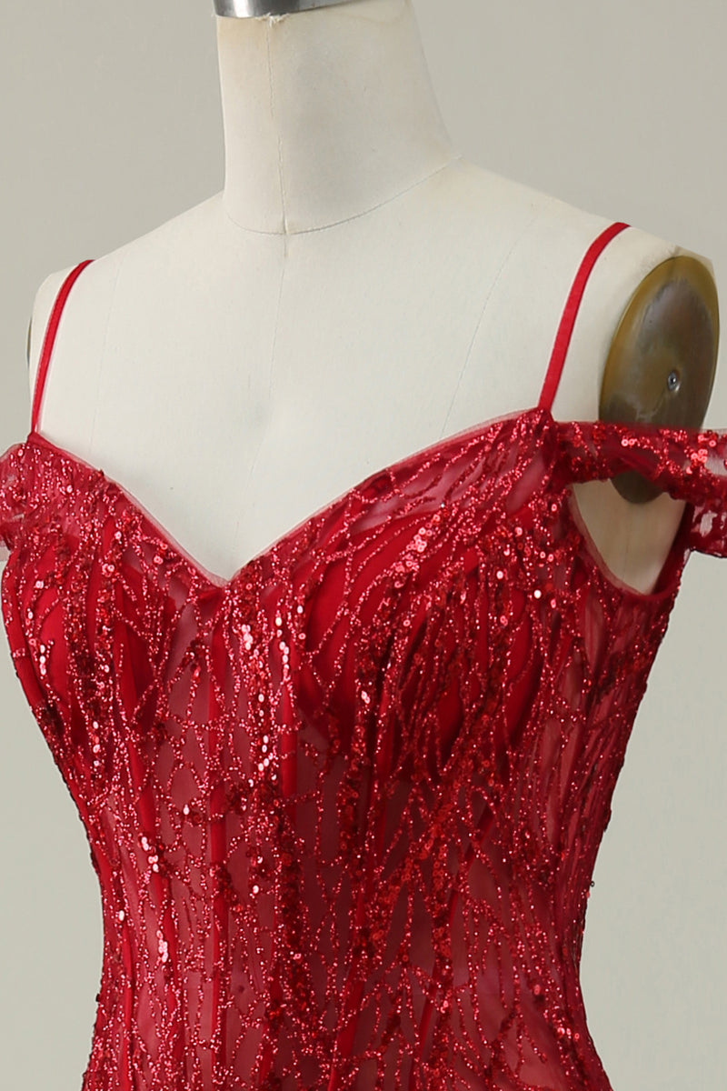 Load image into Gallery viewer, Mermaid Cold Shoulder Sequins Burgundy Long Prom Dress