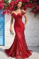 Load image into Gallery viewer, Cold Shoulder Mermaid Sequins Burgundy Long Prom Dress
