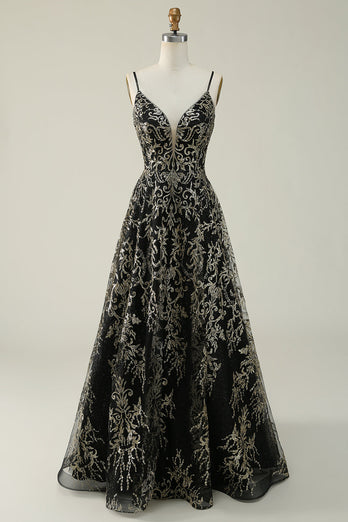 Spaghetti Straps Sparkly Black Golden Ball Gown Dress with Bronzing