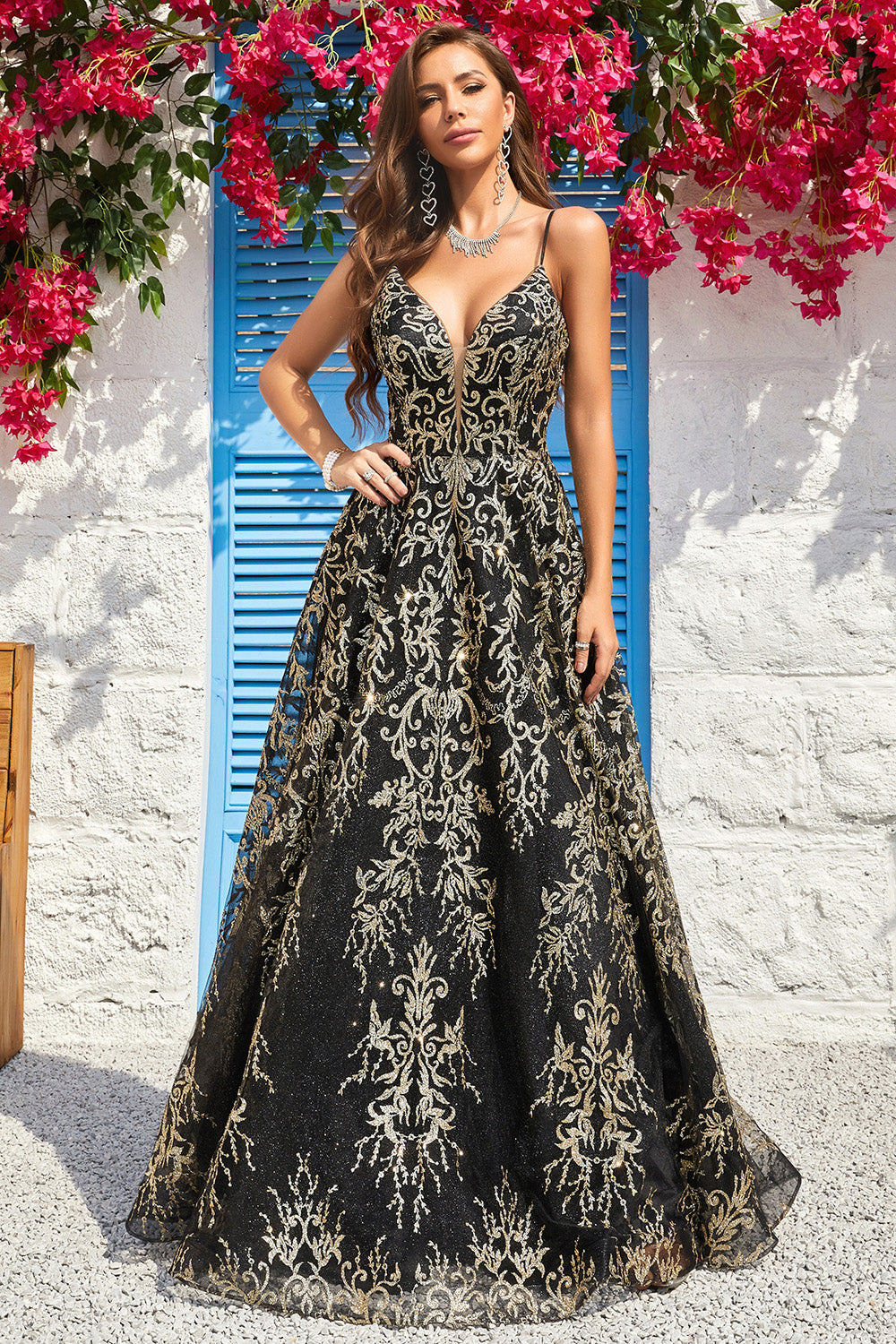 Spaghetti Straps Sparkly Black Golden Ball Gown Dress with Bronzing