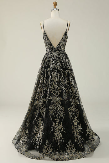 Spaghetti Straps Sparkly Black Golden Ball Gown Dress with Bronzing