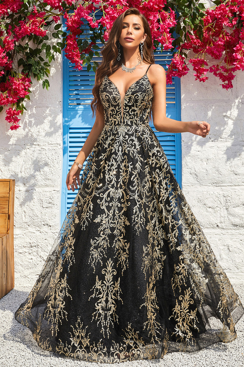 Load image into Gallery viewer, Spaghetti Straps Sparkly Black Golden Ball Gown Dress with Bronzing