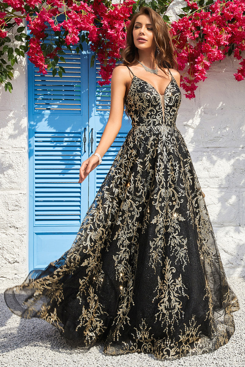 Load image into Gallery viewer, Spaghetti Straps Sparkly Black Golden Ball Gown Dress with Bronzing
