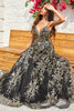 Load image into Gallery viewer, Spaghetti Straps Sparkly Black Golden Ball Gown Dress with Bronzing