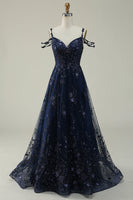 Load image into Gallery viewer, Spaghetti Straps Sequins Navy Ball Gown Dress