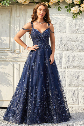 Queendancer Women Sparkly Navy Ball Gown Dress Spaghetti Straps Sequins Long Prom Dress queendanceruk