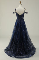 Load image into Gallery viewer, Spaghetti Straps Sequins Navy Ball Gown Dress