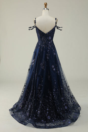 Spaghetti Straps Sequins Navy Ball Gown Dress