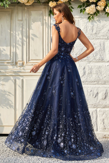Spaghetti Straps Sequins Navy Ball Gown Dress