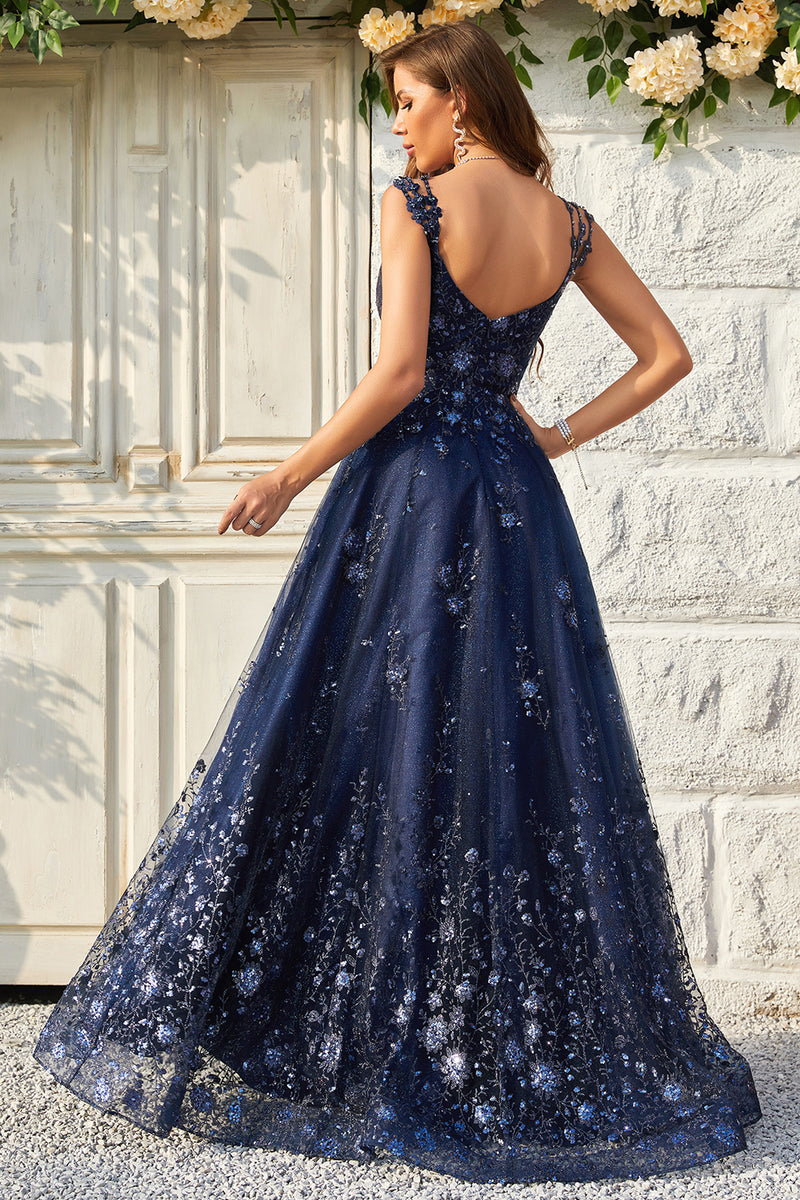 Load image into Gallery viewer, Spaghetti Straps Sequins Navy Ball Gown Dress