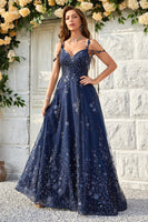 Load image into Gallery viewer, Spaghetti Straps Sequins Navy Ball Gown Dress
