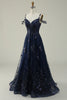 Load image into Gallery viewer, Sparkly Spaghetti Straps Sequins Navy Ball Gown Dress