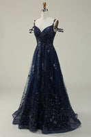 Load image into Gallery viewer, Sparkly Spaghetti Straps Sequins Navy Ball Gown Dress