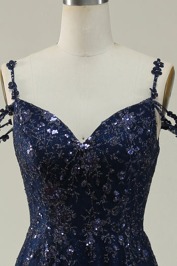 Sparkly Spaghetti Straps Sequins Navy Ball Gown Dress