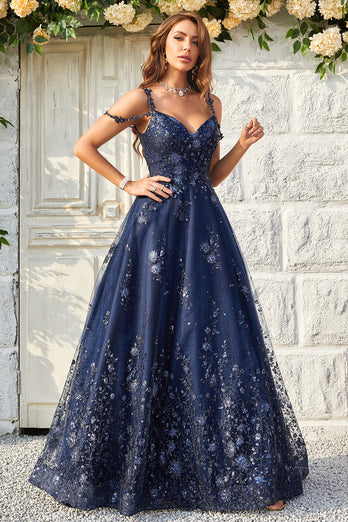 Spaghetti Straps Sequins Navy Ball Gown Dress