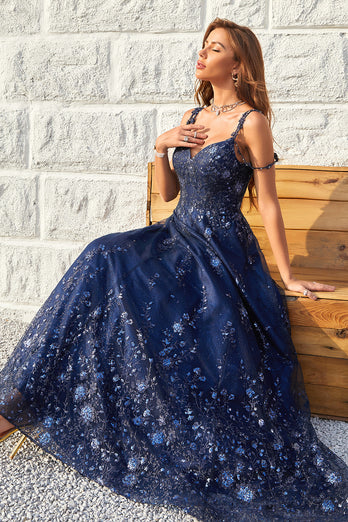 Spaghetti Straps Sequins Navy Ball Gown Dress