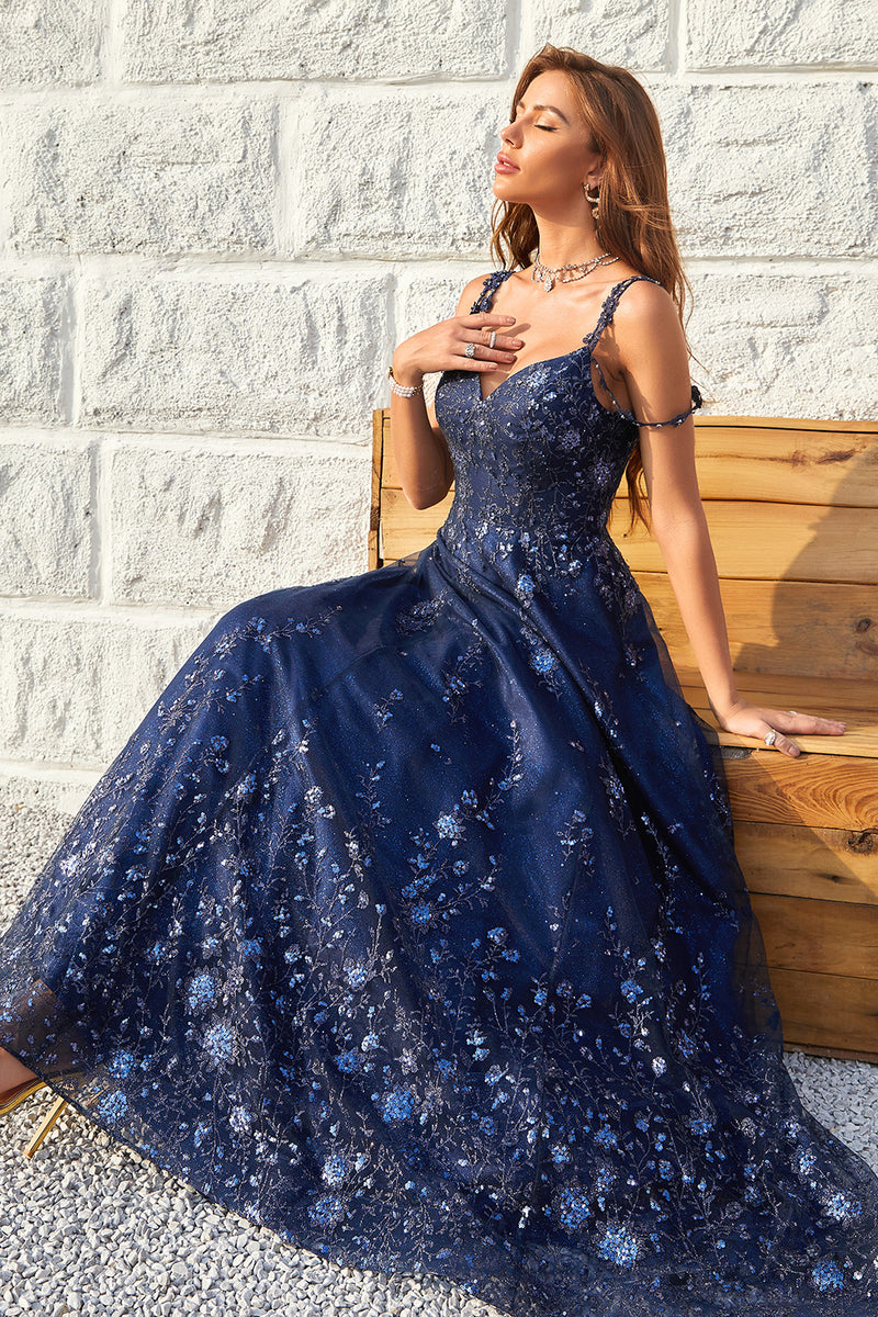 Load image into Gallery viewer, Spaghetti Straps Sequins Navy Ball Gown Dress