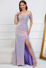 Load image into Gallery viewer, Mermaid Off The Shoulder Sparkly Purple Long Prom Dress with Slit