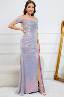 Load image into Gallery viewer, Mermaid Off The Shoulder Sparkly Purple Long Prom Dress with Slit
