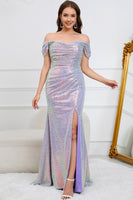 Load image into Gallery viewer, Mermaid Off The Shoulder Sparkly Purple Long Prom Dress with Slit