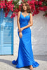 Load image into Gallery viewer, Mermaid V-Neck Blue Long Prom Dress with Ruffles