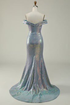 Off The Shoulder Mermaid Sparkly Blue Sequins Long Prom Dress with Slit