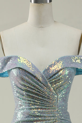 Off The Shoulder Mermaid Sparkly Blue Sequins Long Prom Dress with Slit