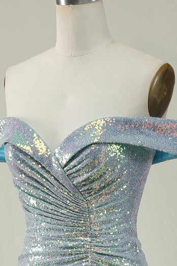 Off The Shoulder Mermaid Sparkly Blue Sequins Long Prom Dress with Slit
