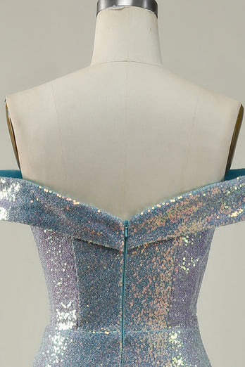 Off The Shoulder Mermaid Sparkly Blue Sequins Long Prom Dress with Slit