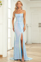 Load image into Gallery viewer, Mermaid Gliter Spaghetti Straps Blue Long Prom Dress with Slit