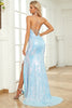 Load image into Gallery viewer, Mermaid Gliter Spaghetti Straps Blue Long Prom Dress with Slit