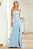 Load image into Gallery viewer, Mermaid Gliter Spaghetti Straps Blue Long Prom Dress with Slit